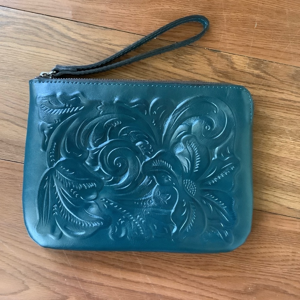 Patricia Nash Blue Coral Floral Tooled Leather Wristlet